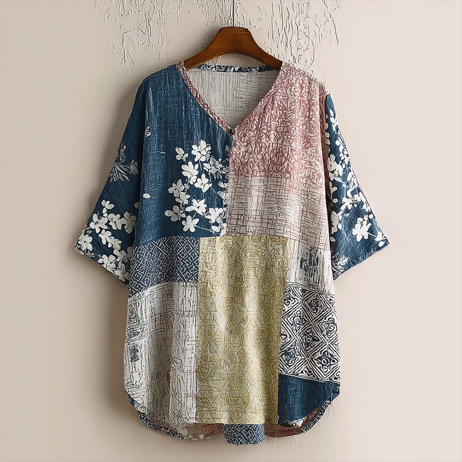 Japanese Art Retro Geometric Patchwork Plant Flower Print Women's V-neck Cotton & Linen Top