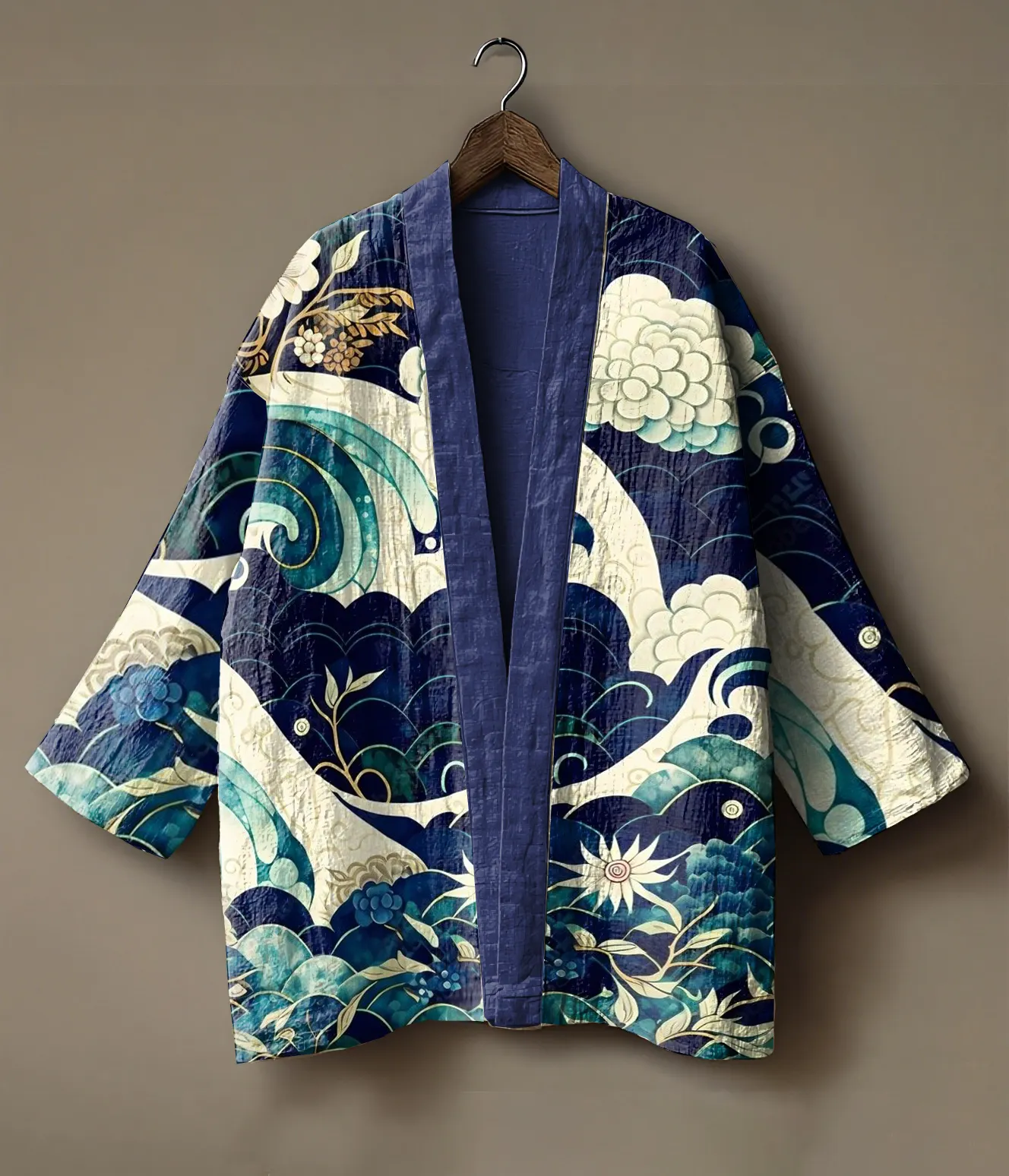 Japanese Cranes& Sea Waves Embroidered Linen Kimono Cardigan