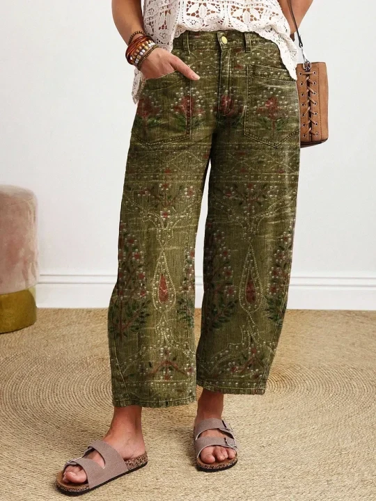 Vintage-style Textured Floral Art Print Casual Cotton Trousers With Pockets