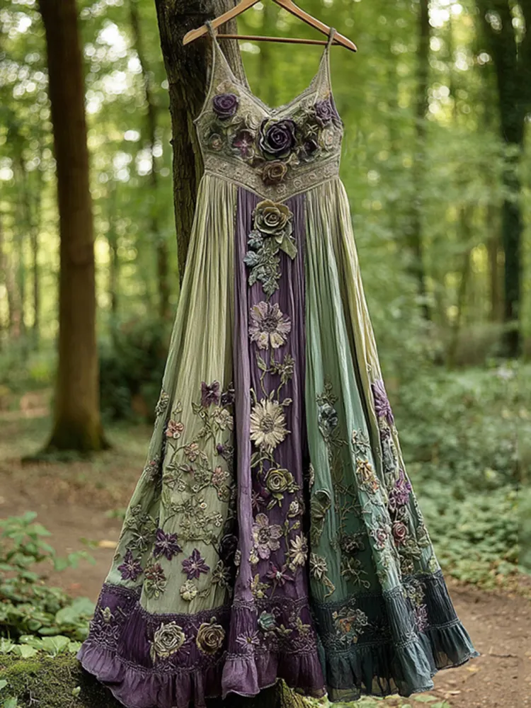 Classy Gradient Purple Lavender And Floral Embroidered Suspender Long Dress