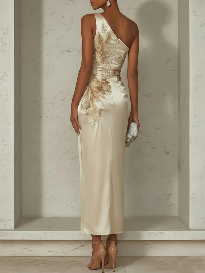 Champagne Floral Satin One-Shoulder Sleeveless Sheath Maxi Dress