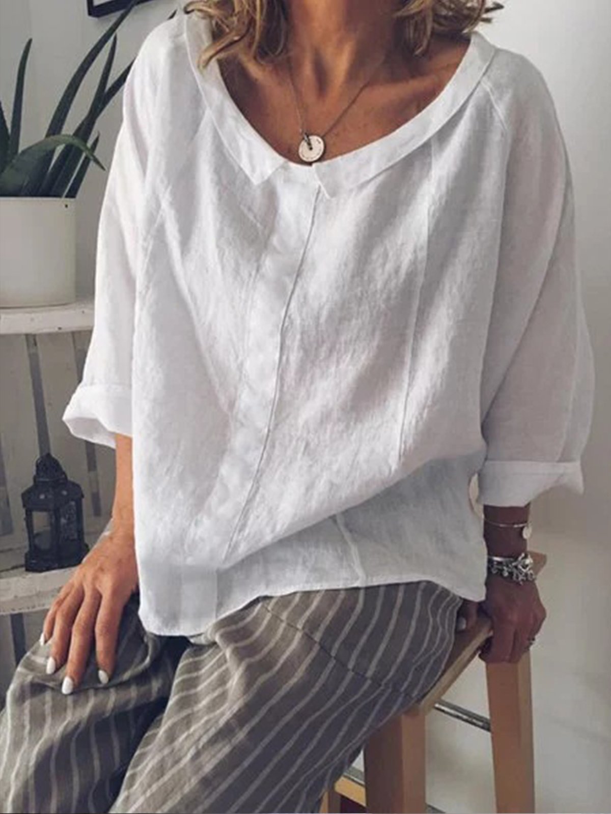 Solid Color Small Lapel Pullover Cotton Linen Shirt
