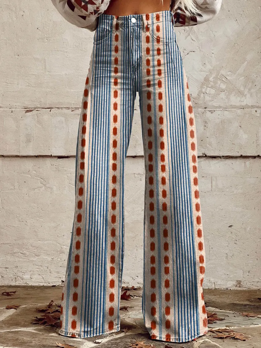 Blue & Red Stripes Print Casual Wide-Leg Pants