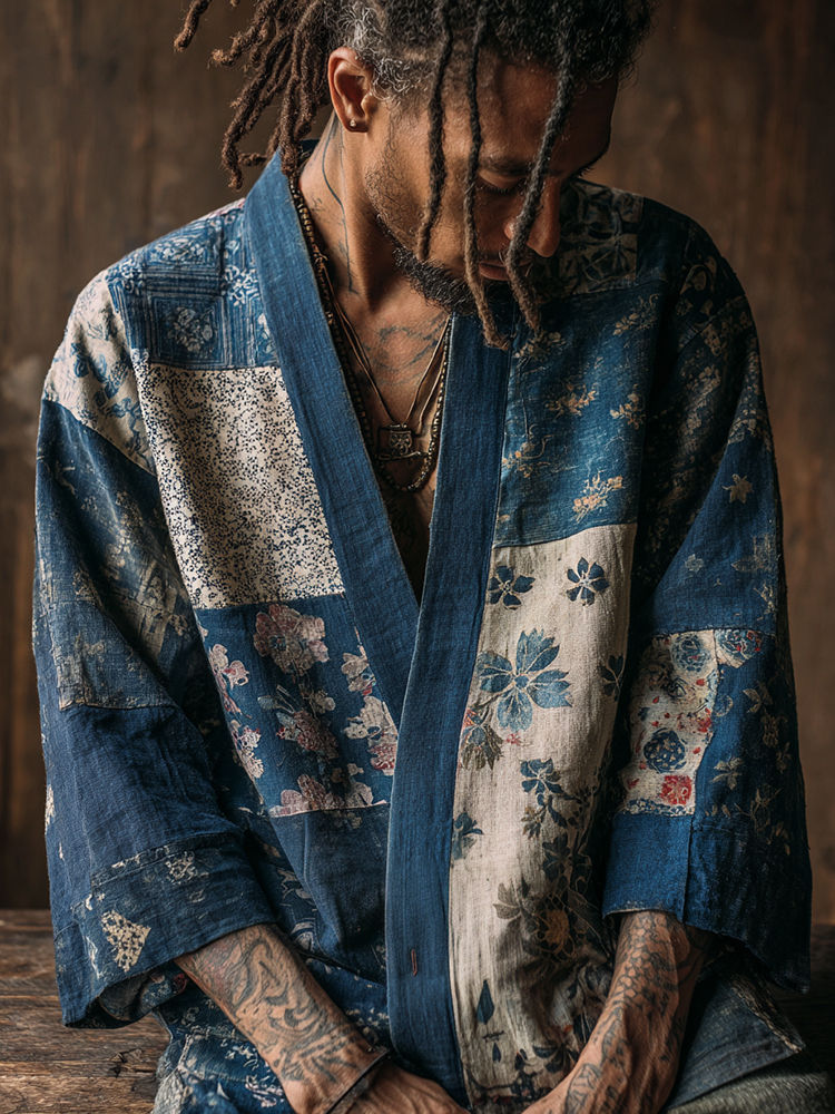 Vintage Japanese Traditional Sashiko Patchwork Art Print Cotton & Linen Blend Kimono Cardigan