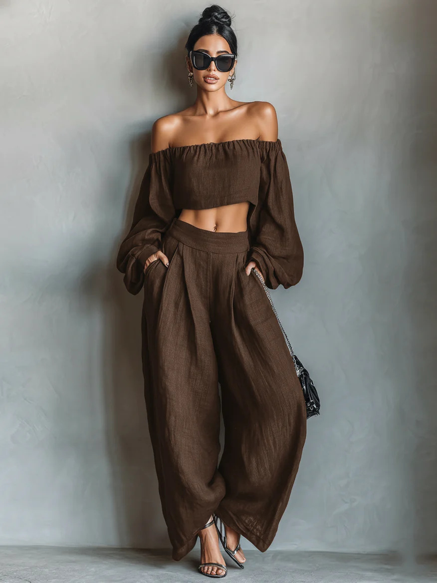 Black Off-the-shoulder Long-sleeved Top & Wide-leg Pants Set