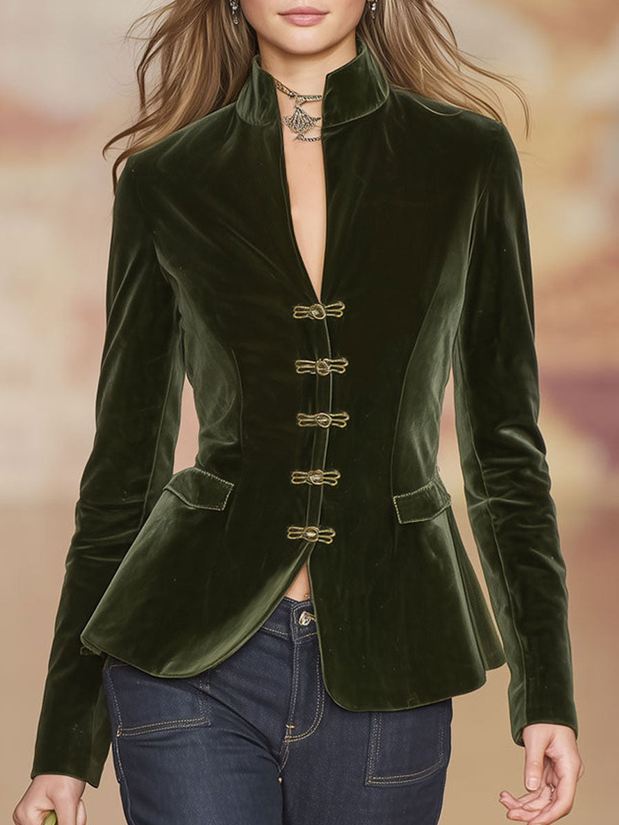 Elegant Retro Gold-buttoned Dark Green Velvet Blazer