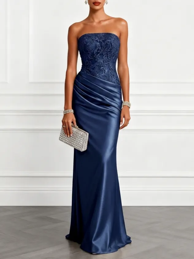 Champagne Jacquard Satin Strapless Sleeveless Mermaid Gown