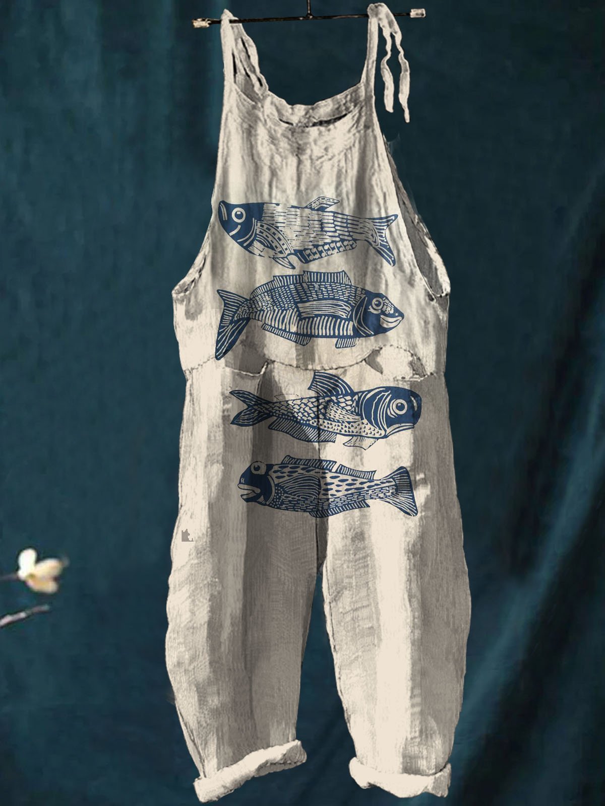 Vintage Lovely Fish Art Print Casual Wide-Leg Jumpsuit
