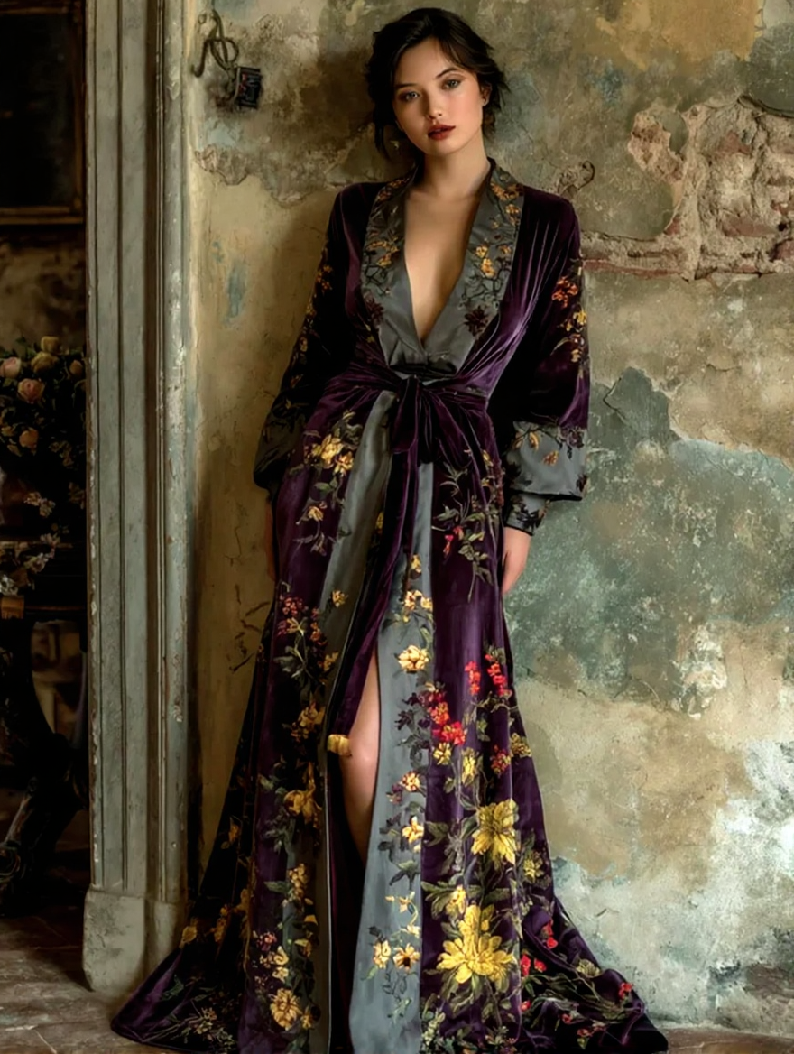 Artistic floral print kimono robe, autumn/winter long robe with sash