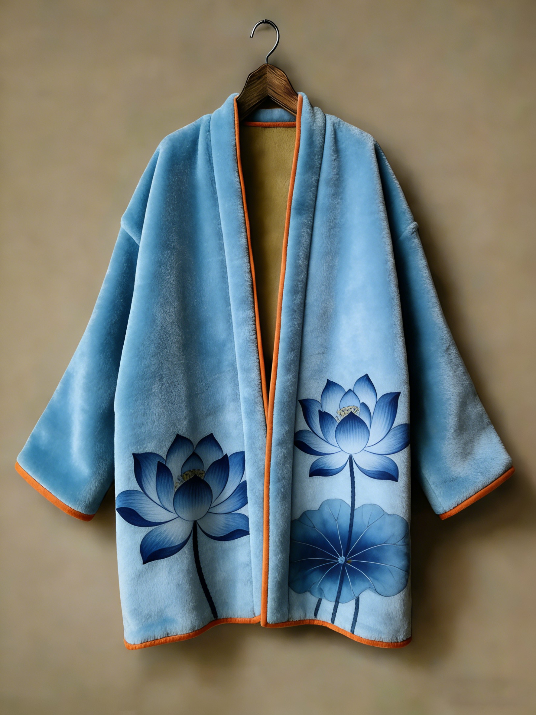 Oriental aesthetic printed flannel embroidered medium and long kimono cardigan
