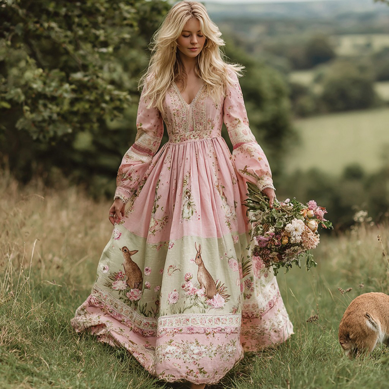 Vintage Bunny With Floral Art Women's Long Sleeve Maxi V-neck Dress