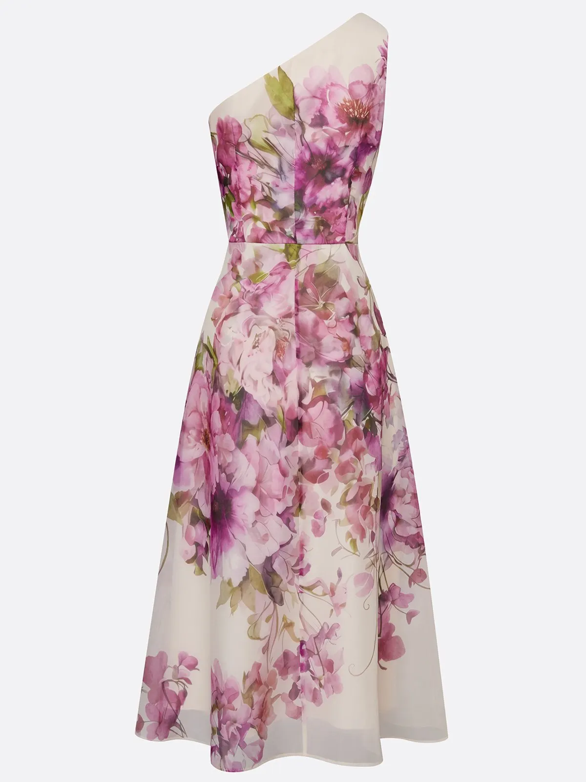 Purple Floral Ruched Tulle One-Shoulder Sleeveless A-Line Midi Dress