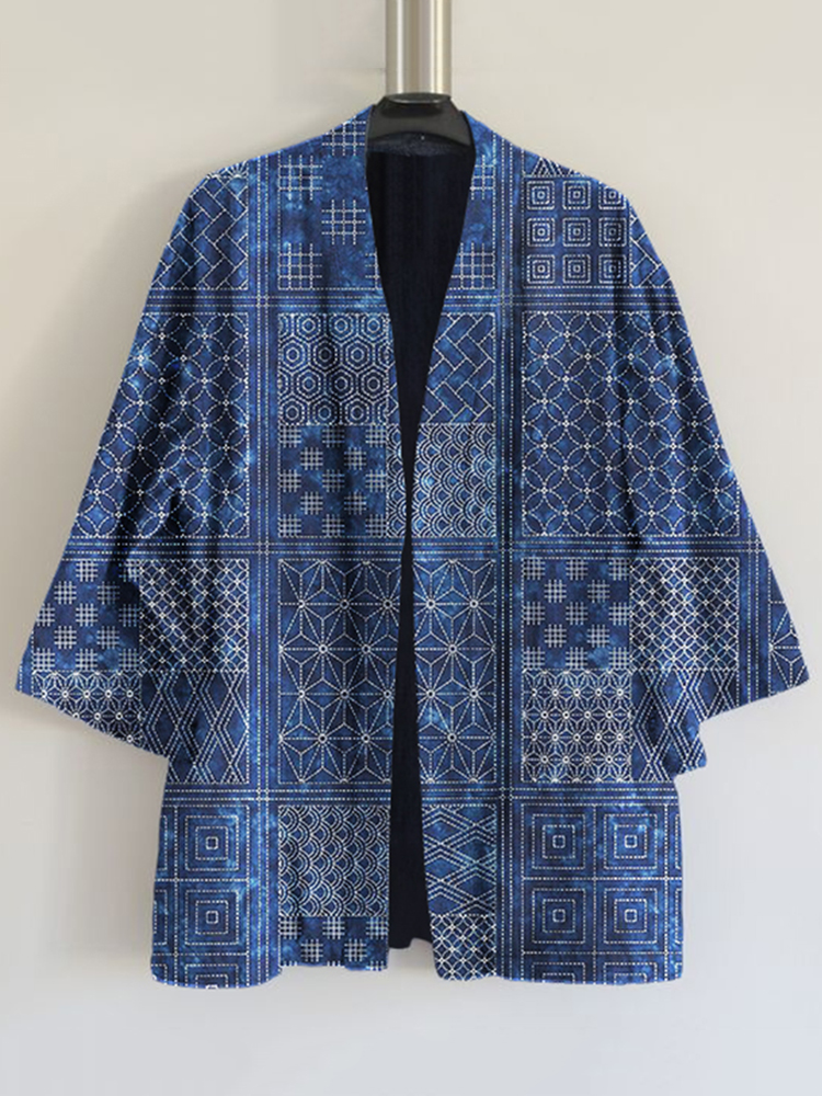 Japanese Traditional Sashiko Floral Patchwork Art Print Blend Kimono Cardigan