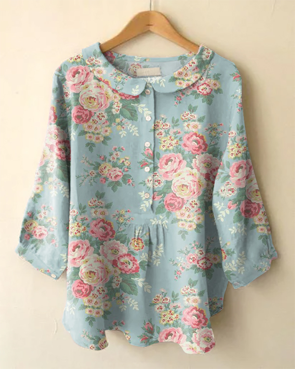 Vintage Long Sleeve Peter Pan Collar Floral Print Shirt