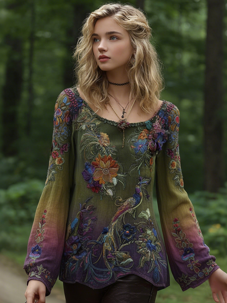 Vintage Classy Gradient Purple Peacock And Floral Embroidered Art Comfy Tops