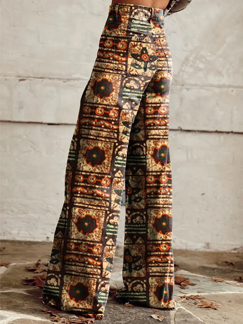 Vintage Print Casual Wide-Leg Pants