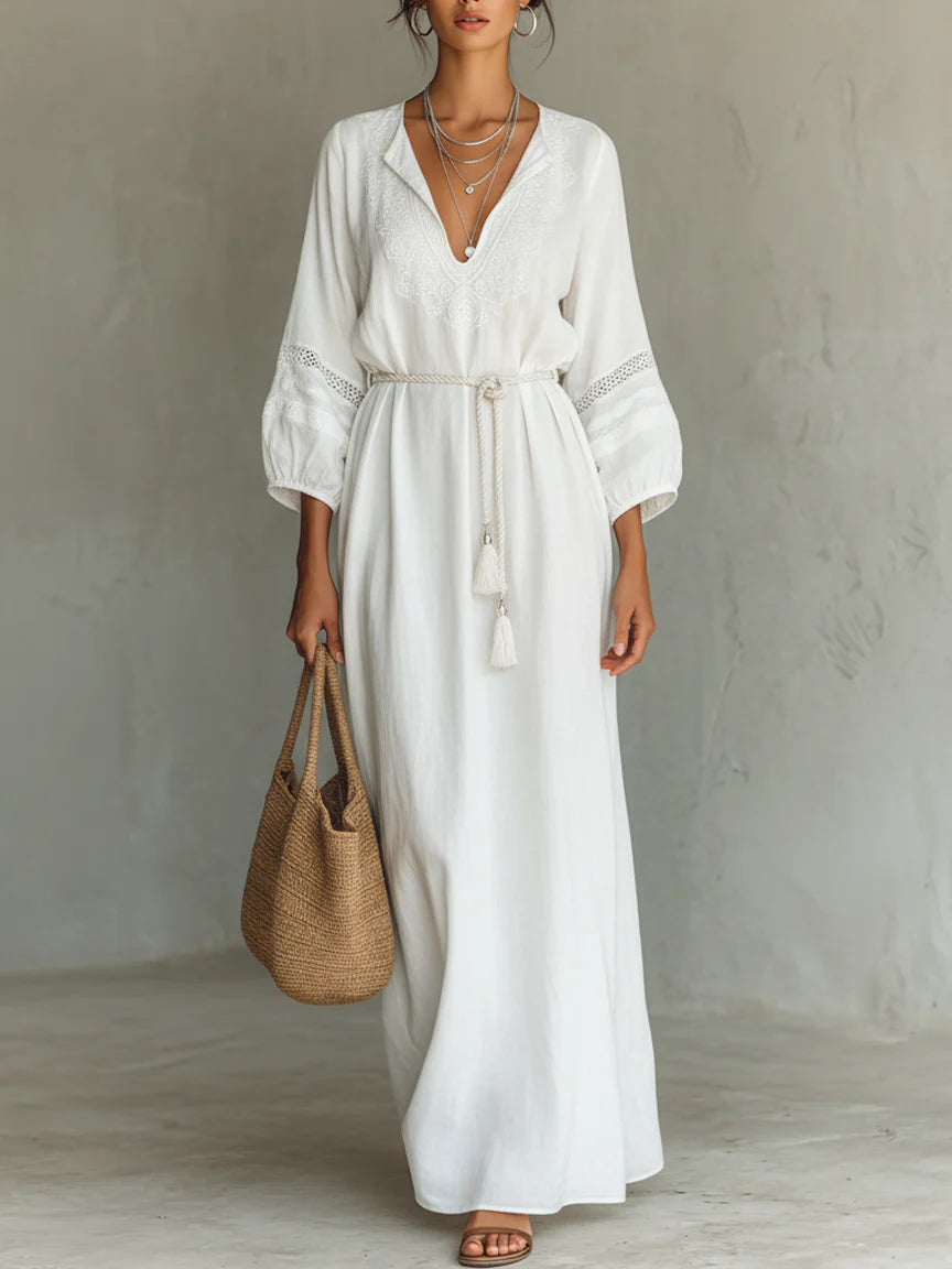 White Blend Lace V-neck Belted Maxi Dress