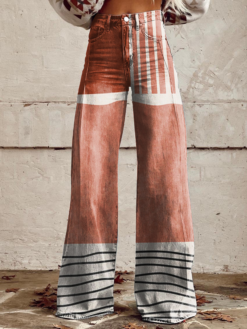 Vintage Abstract Art Print Wide-Leg Pants