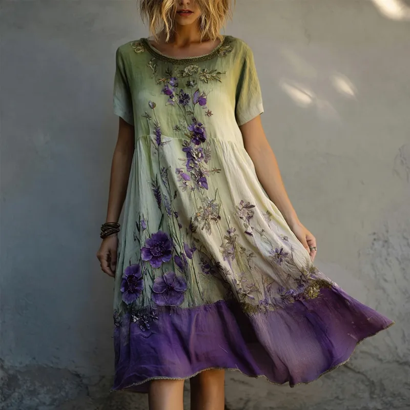 Purple Floral Embroidered Gradient Flowy Linen Midi Dress