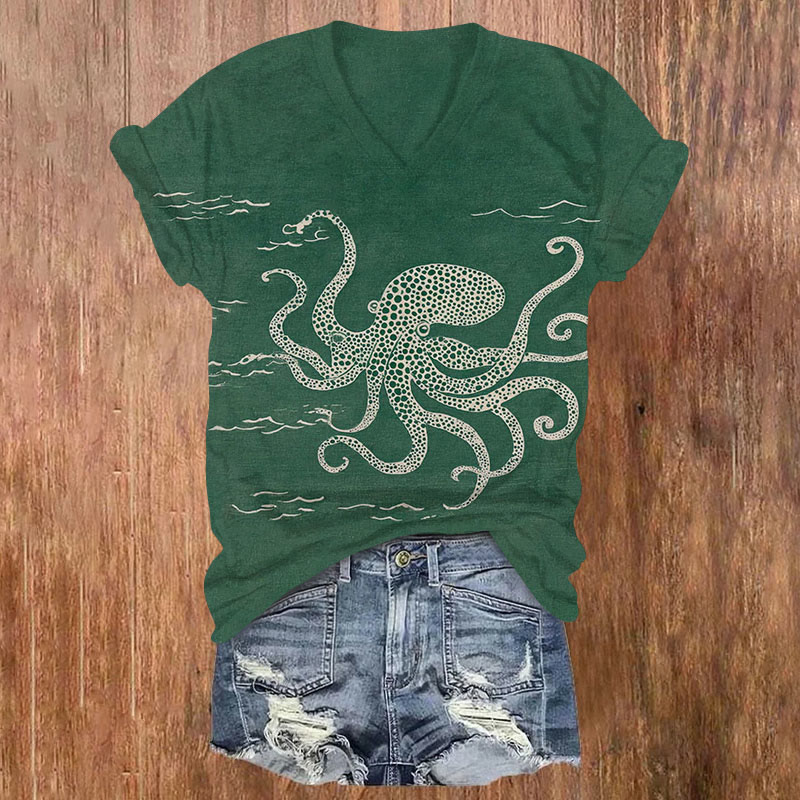 Vintage Funny Octopus Print Short Sleeved V-neck T-shirt