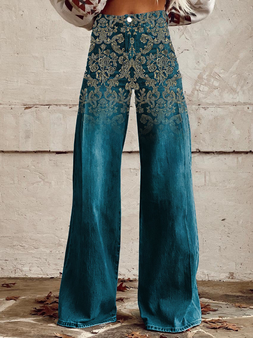 Retro Antique Floral Print Casual Wide-Leg Pants
