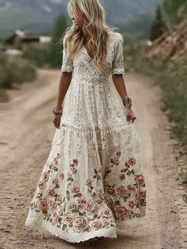 Elegant Boho Pink Roses Embroidered Flowy Lace Maxi Dress