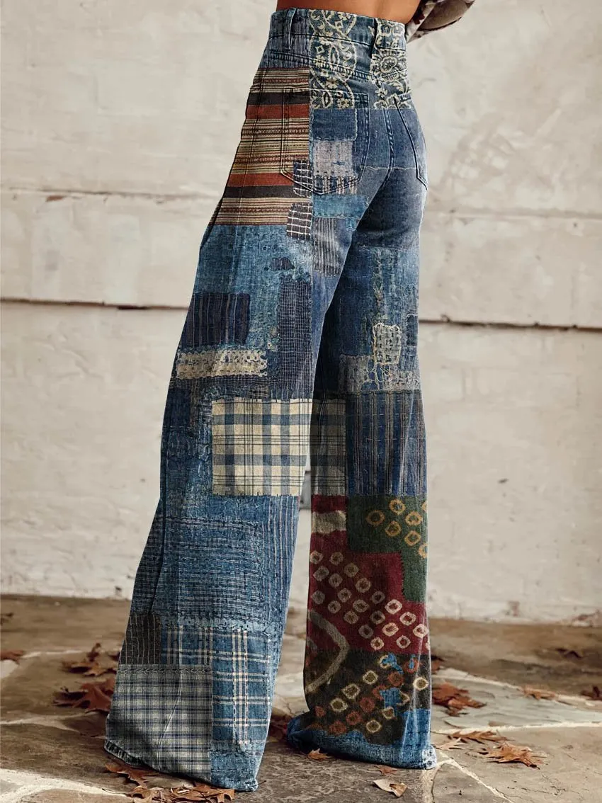 Blue Patchwork Pattern Print Casual Wide-Leg Pants