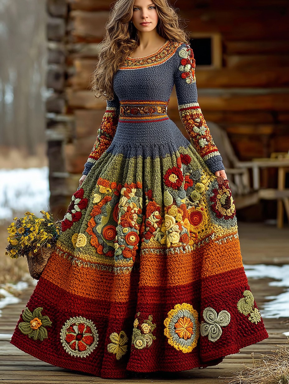 Vintage Floral Crochet Colorblock Cozy Maxi Sweater Dress