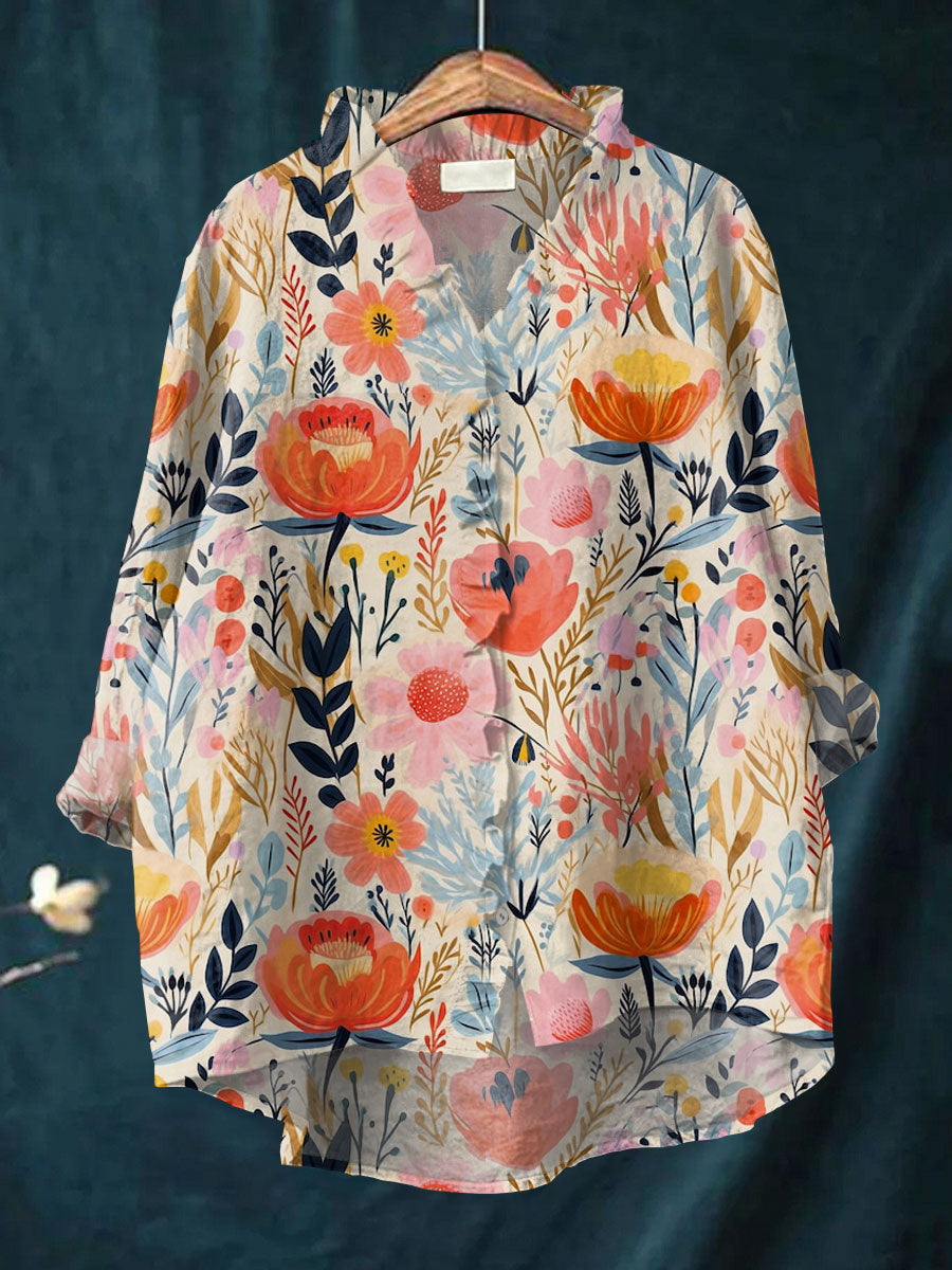 Floral Art Print Casual Cotton & Linen Ruffle Shirt