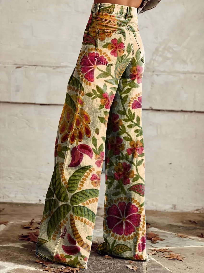 Vintage Print Casual Wide-Leg Pants