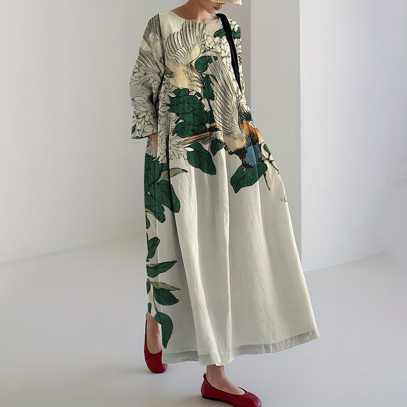 Japanese Floral & Bird Art Print Midi Dress