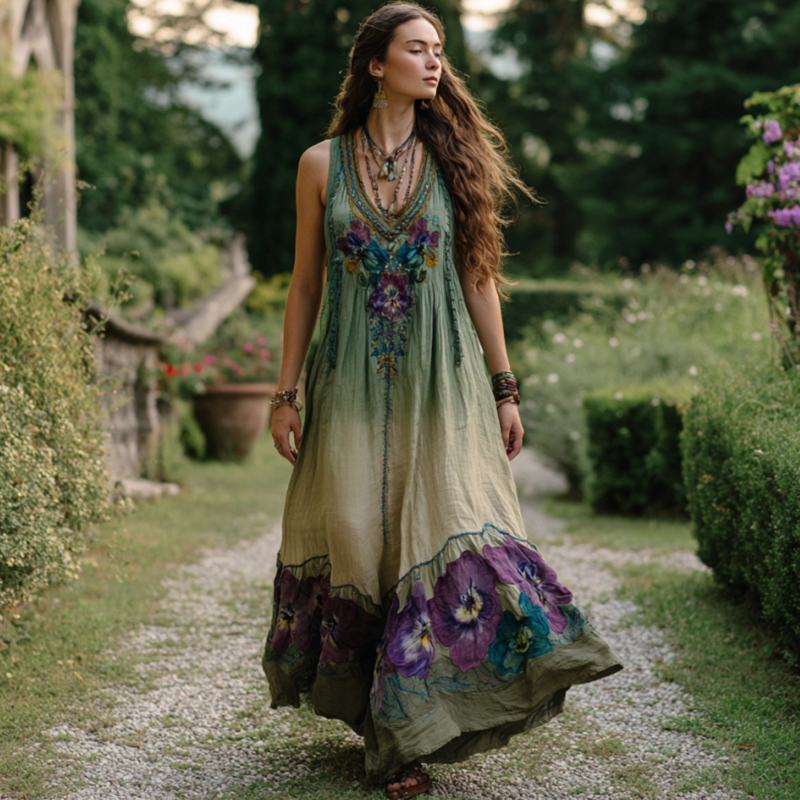 Vintage Purple Flowers Embroidered Gradient Maxi Dress