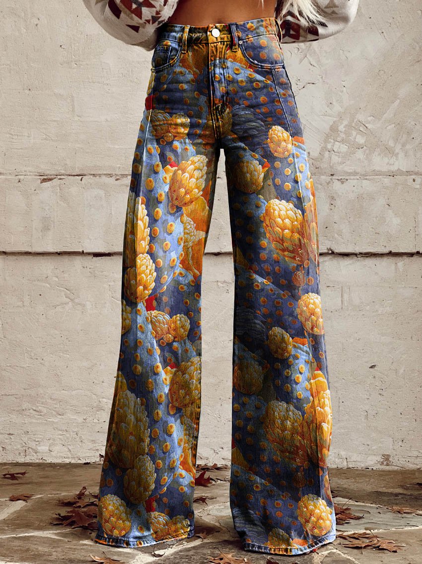 Cactus Print Casual Wide-Leg Pants