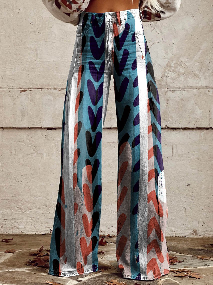 White, Red & Blue Heart Print Casual Wide-Leg Pants