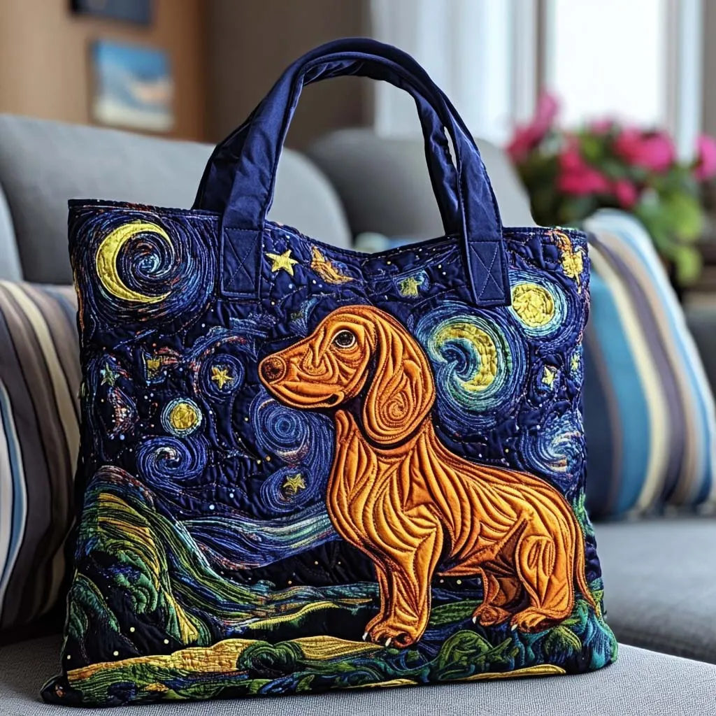 Starry Night Dog Quilted Tote Bag