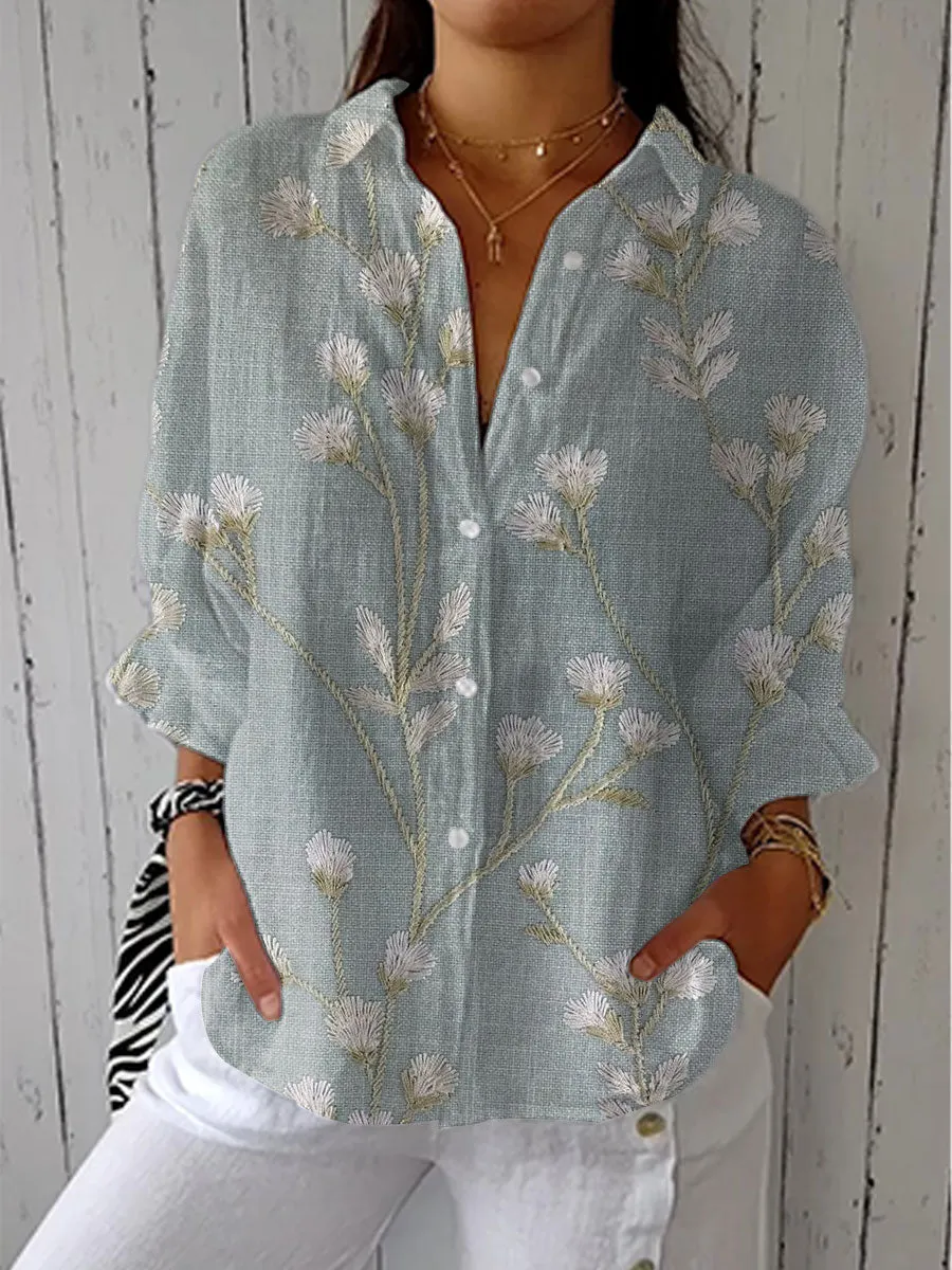 Vintage Flower Art Print Casual Linen V-neck Shirt
