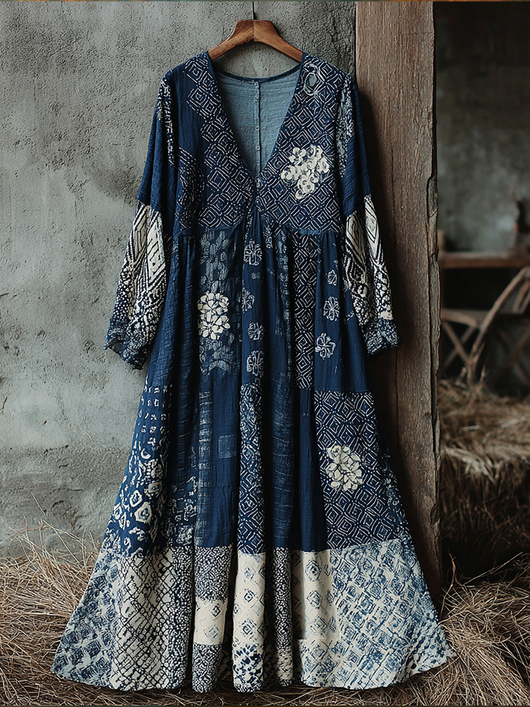 Traditional Japanese Sashiko Art V-neck Dress