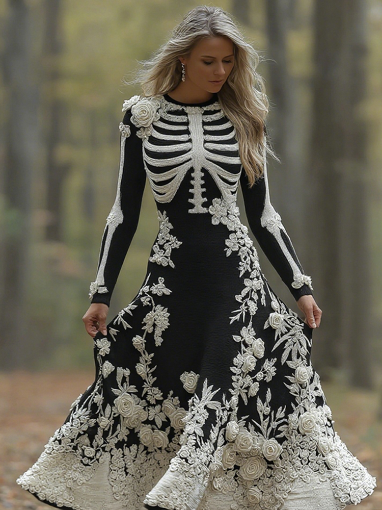 Women's Retro Halloween Skeleton Bones With Rose Art Cozy Knitted Warm Long Sleeve Maxi Dress