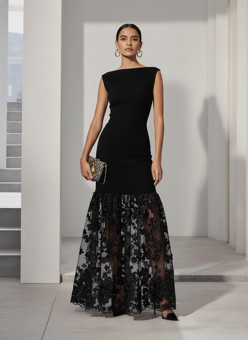 Black Lace Knit Boat Neck Sleeveless A-Line Floor-length Gown