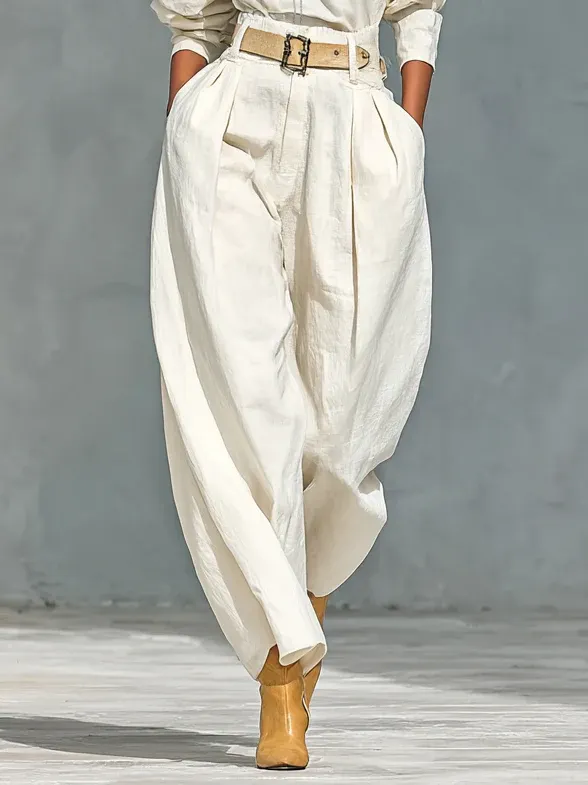 Off-white Crew Neck Long-sleeved Shirt And Loose-fitting Trousers Suit(with belt)