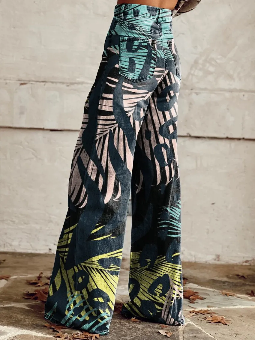 Vintage Print Casual Wide-Leg Pants