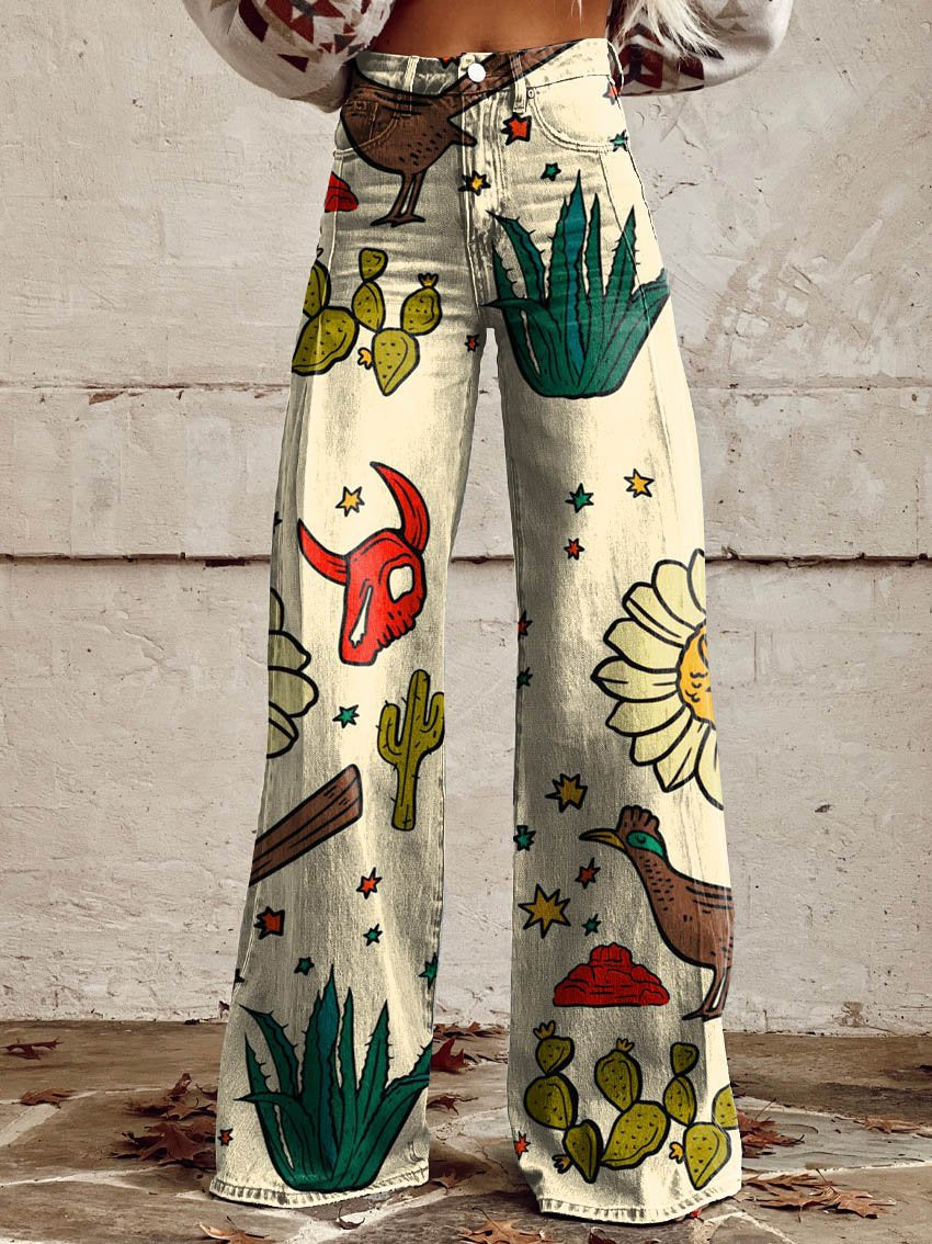 Western Print Casual Wide-Leg Pants