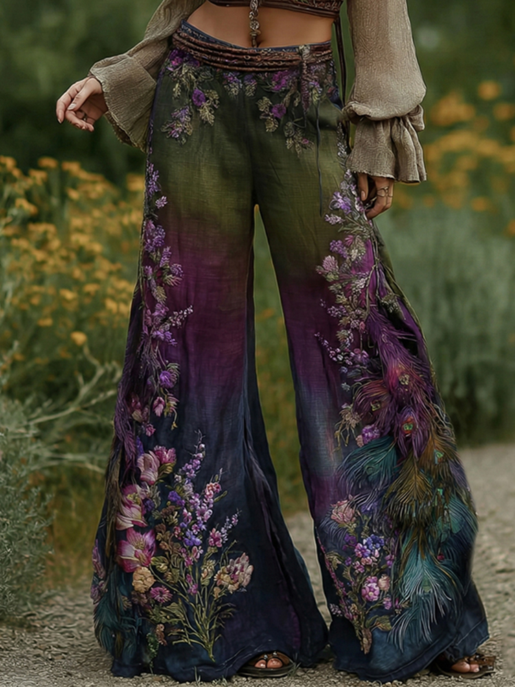 Vintage Classy Gradient Purple Peacock And Floral Embroidered Art Blend Casual Pants