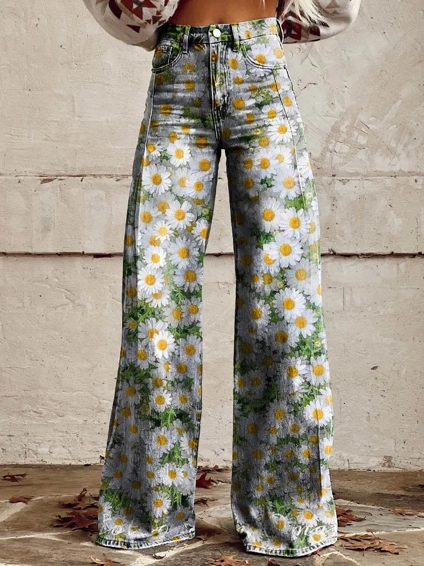 Daisy Print Casual Wide-Leg Pants