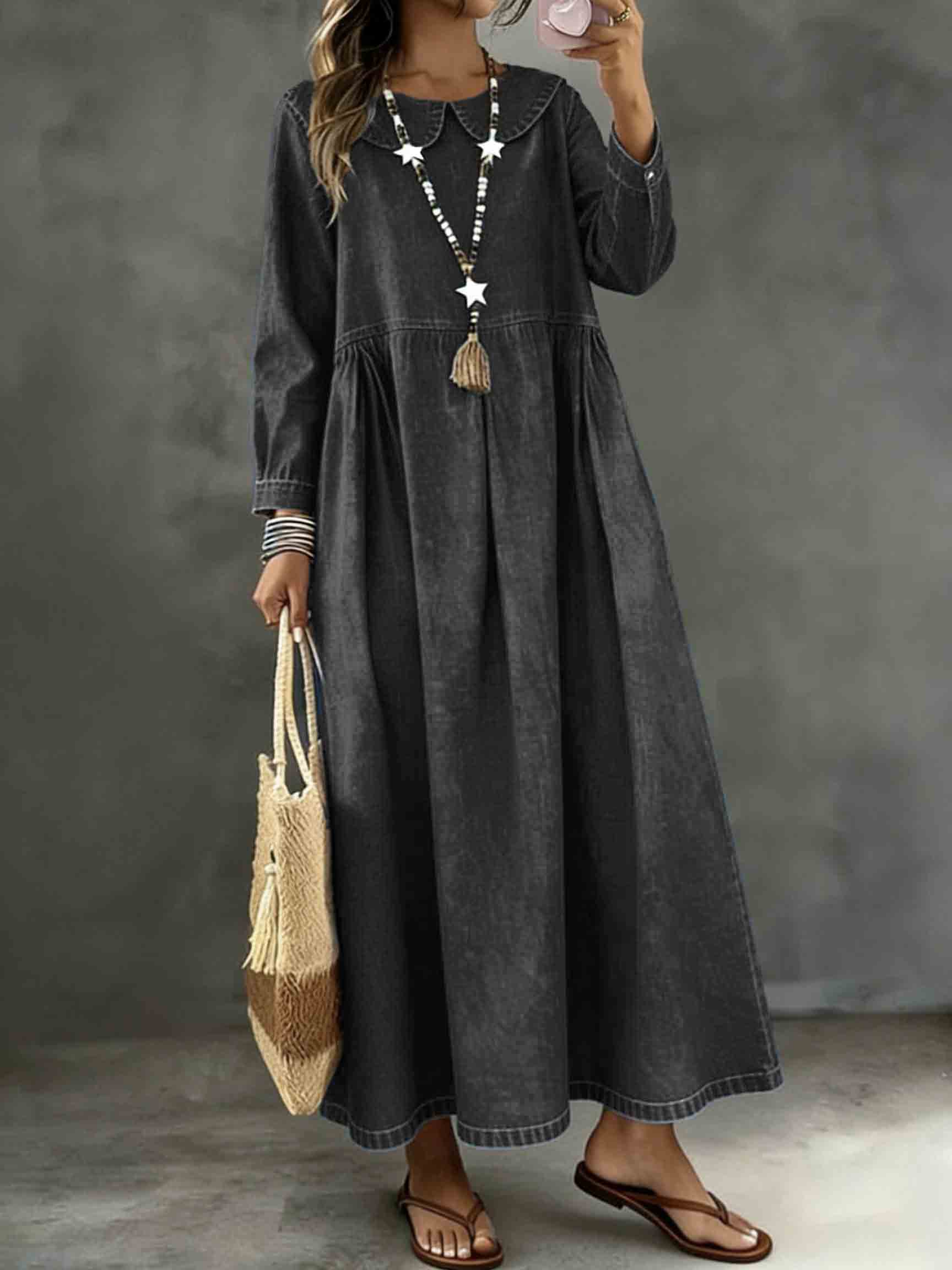 Long Sleeved Lotus leaf collar Loose Denim Dress