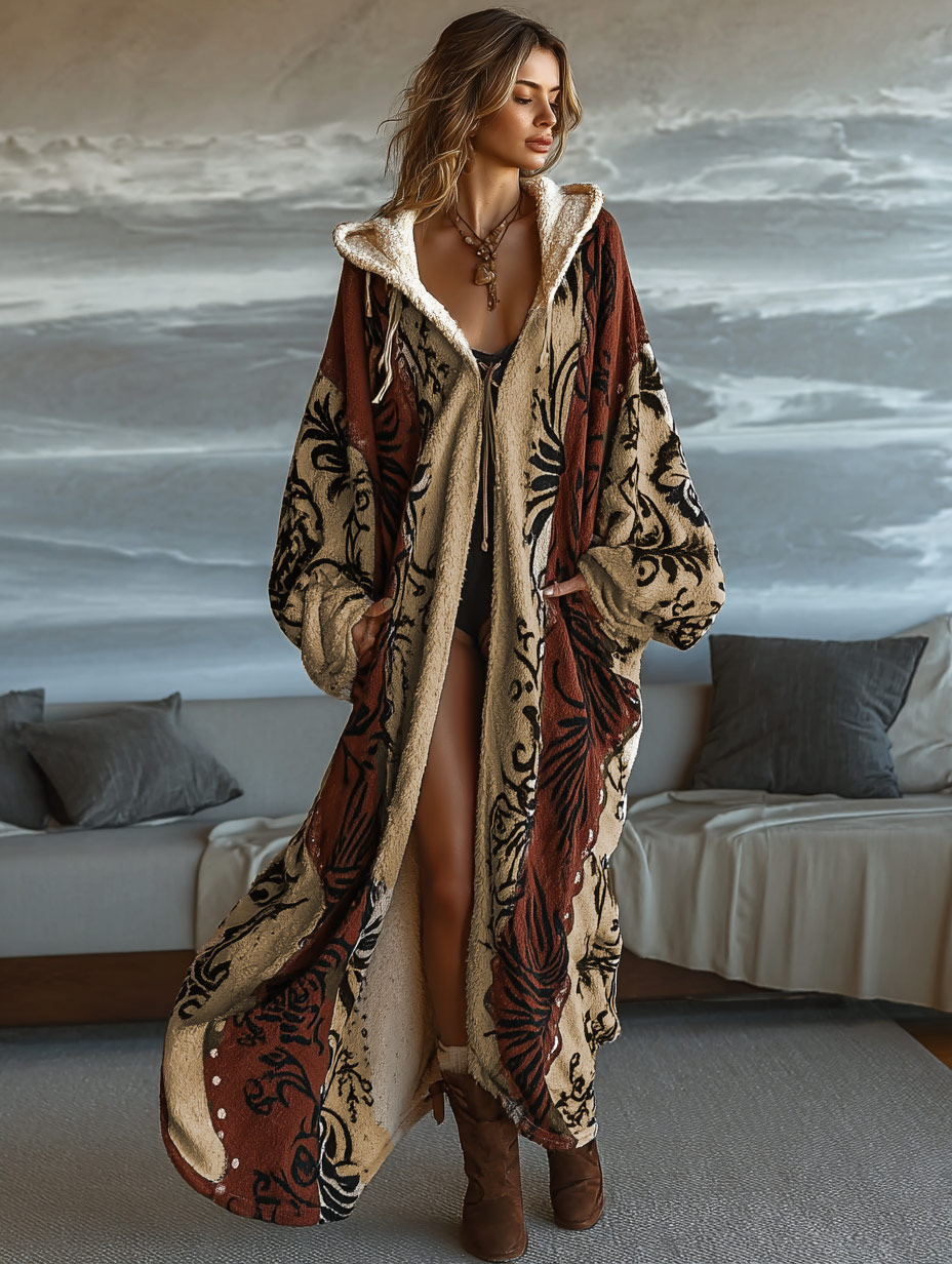Brown Flower Pattern Luxury Fleece Long Robe