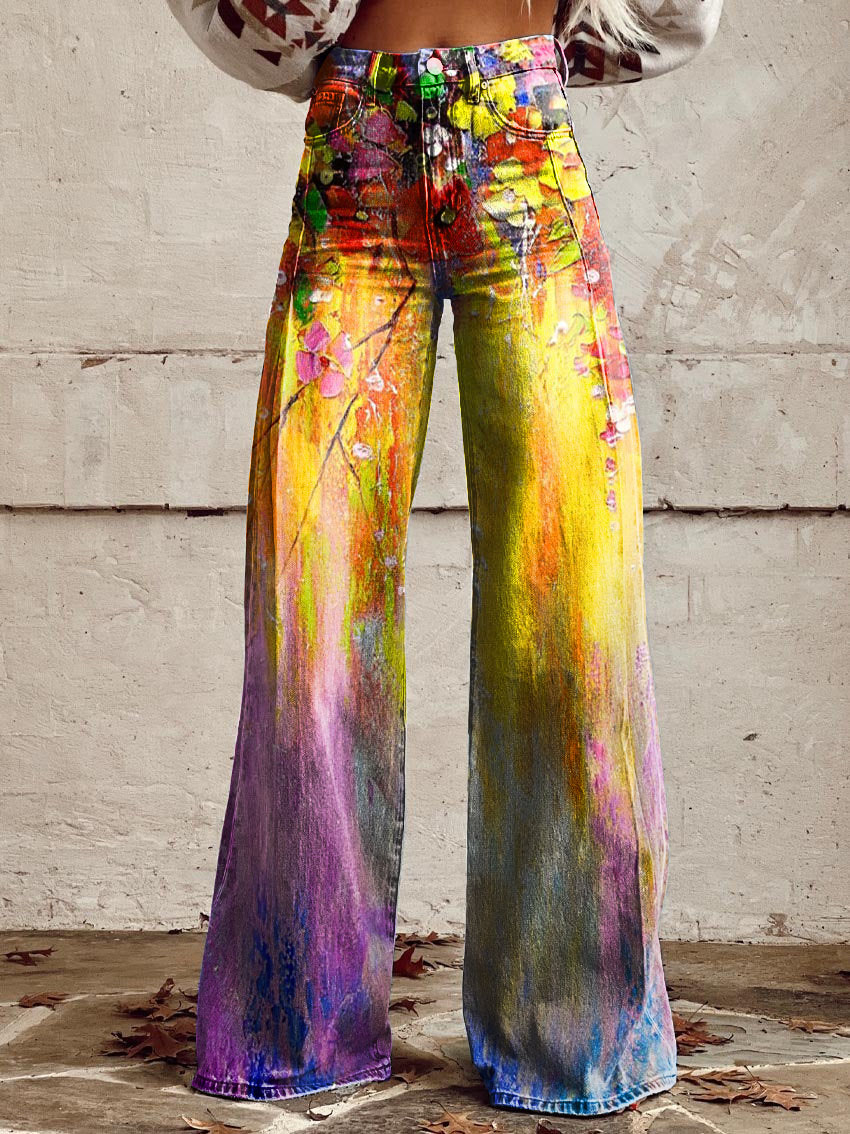 Art Floral Print Casual Wide-Leg Pants