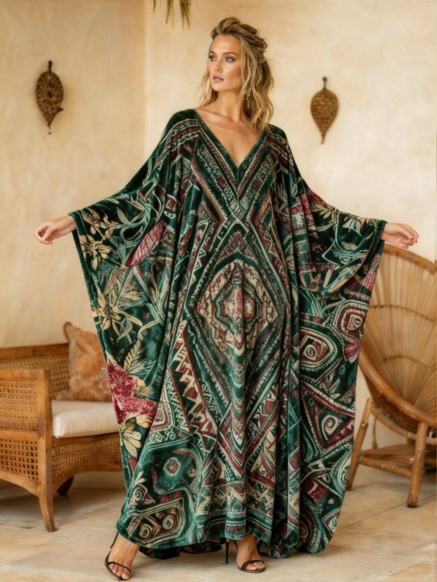 Women's Bohemian Art Pattern V-Neck Long Velvet Kimono Robe