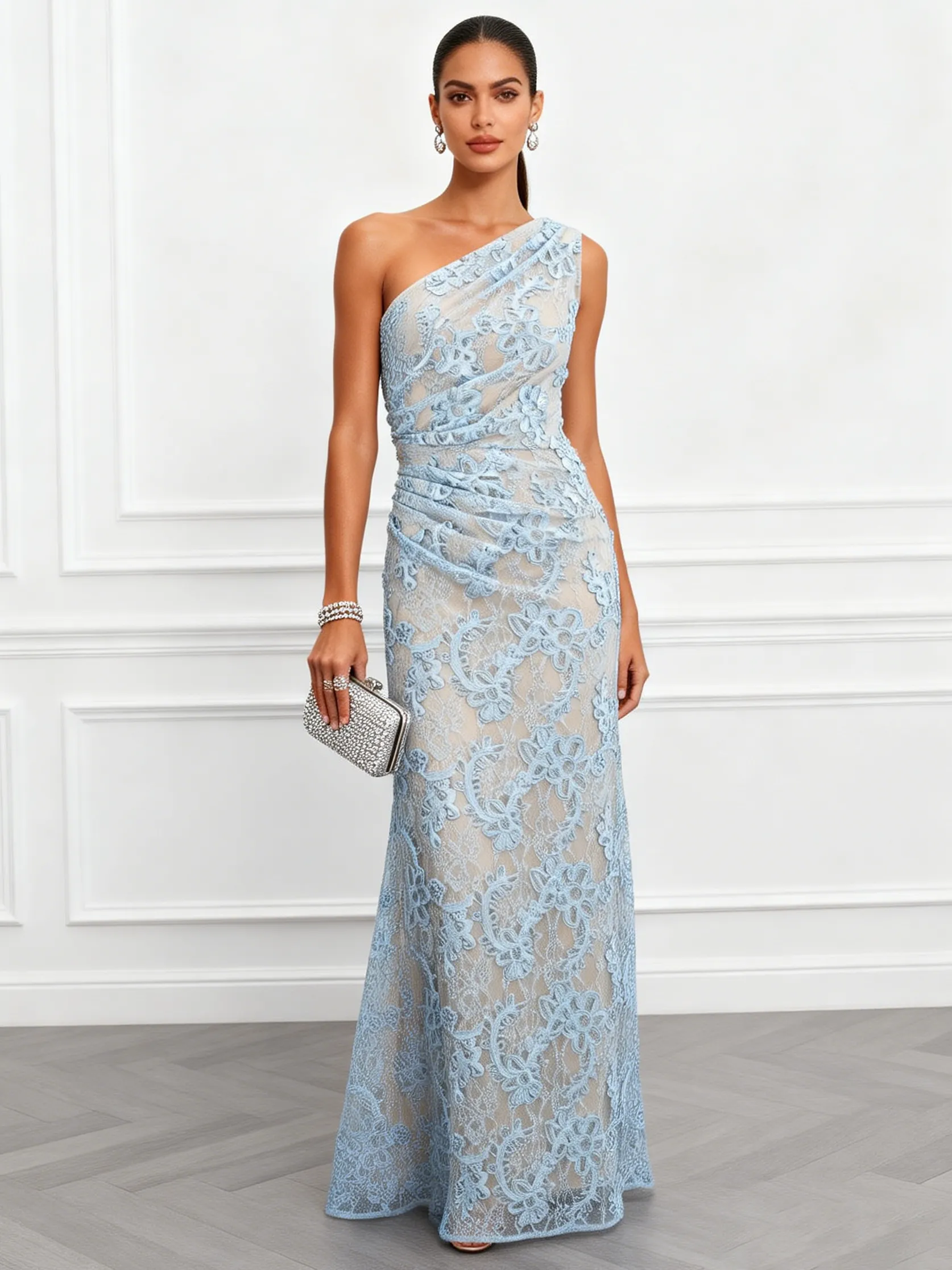 Light Blue Lace Jacquard One-Shoulder Sleeveless Mermaid Floor-length Gown