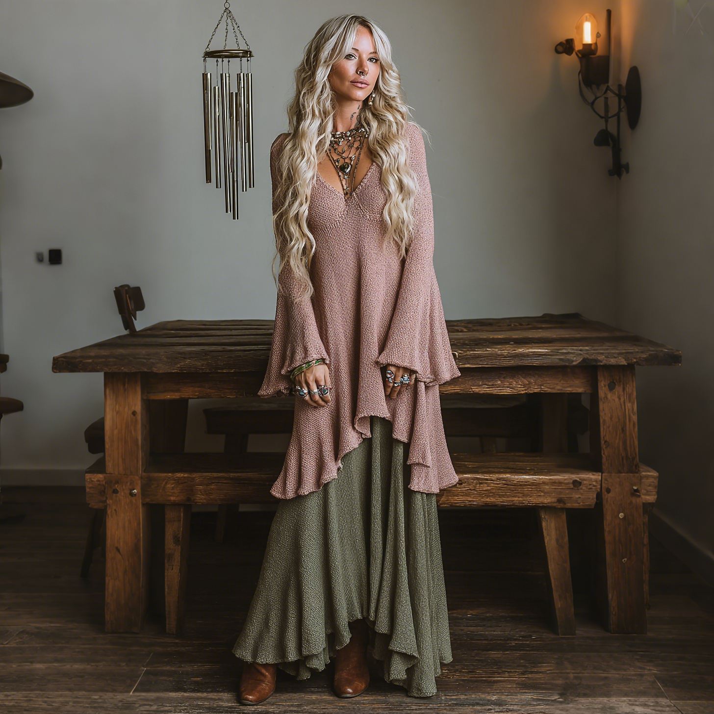 Elegant V-neck Sheer High-waisted Openwork Woven Color-blocked Flared Long-sleeved Oversized Dress